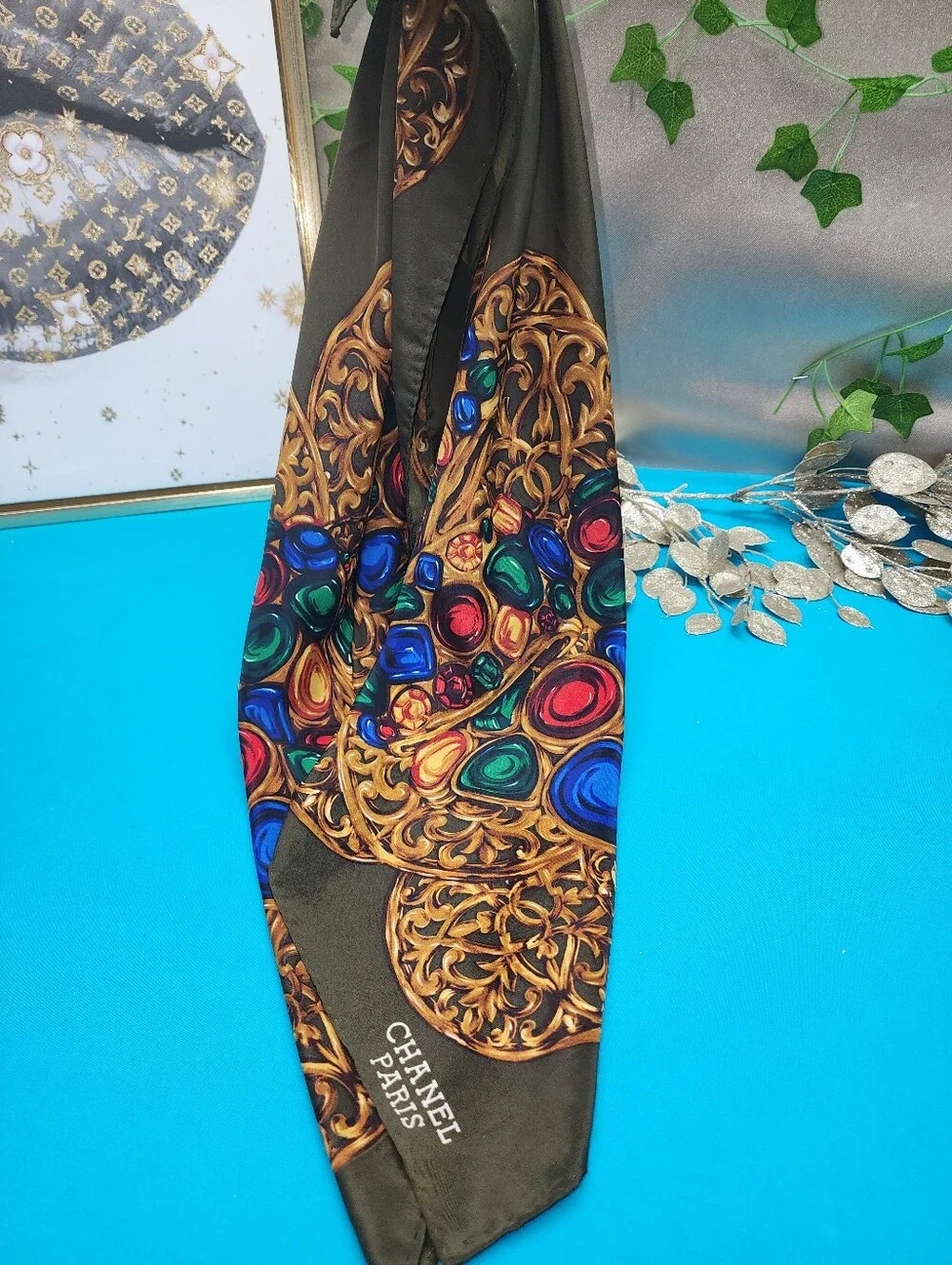 Authentic Vintage Chanel Paris Silk Jeweled Scarf